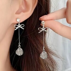 Elegant Silver Bow Drop Earrings